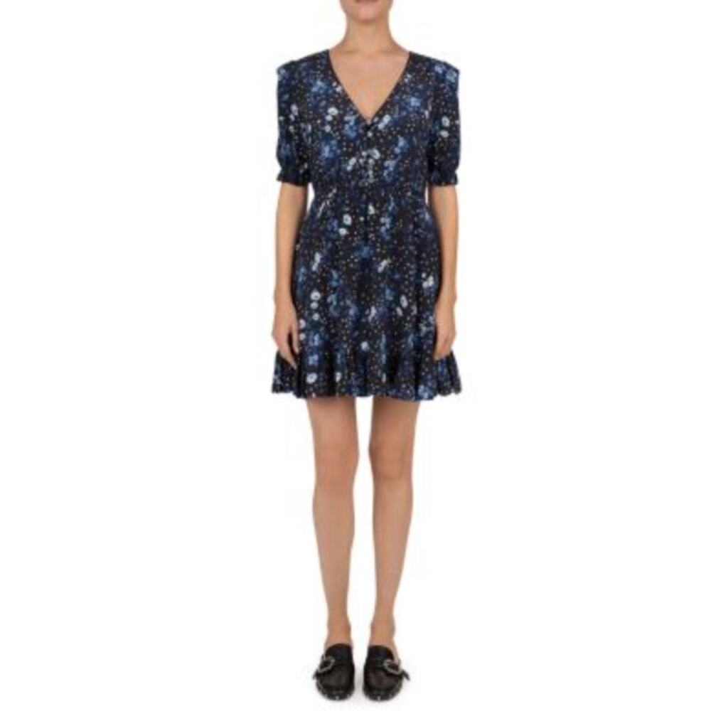 The Kooples Jazz Floral Mini Dress Women 1 S Navy Blue Silk Ruffle V-Neck
